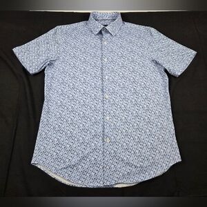 Bugatchi 8 Way Stretch Shirt Mens Medium Blue Short Sleeve Button Up Checkered